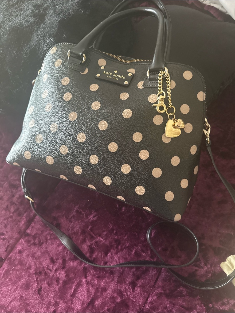 kate spade Black with Pink Polka Dot Dome Satchel with Gold Charm
